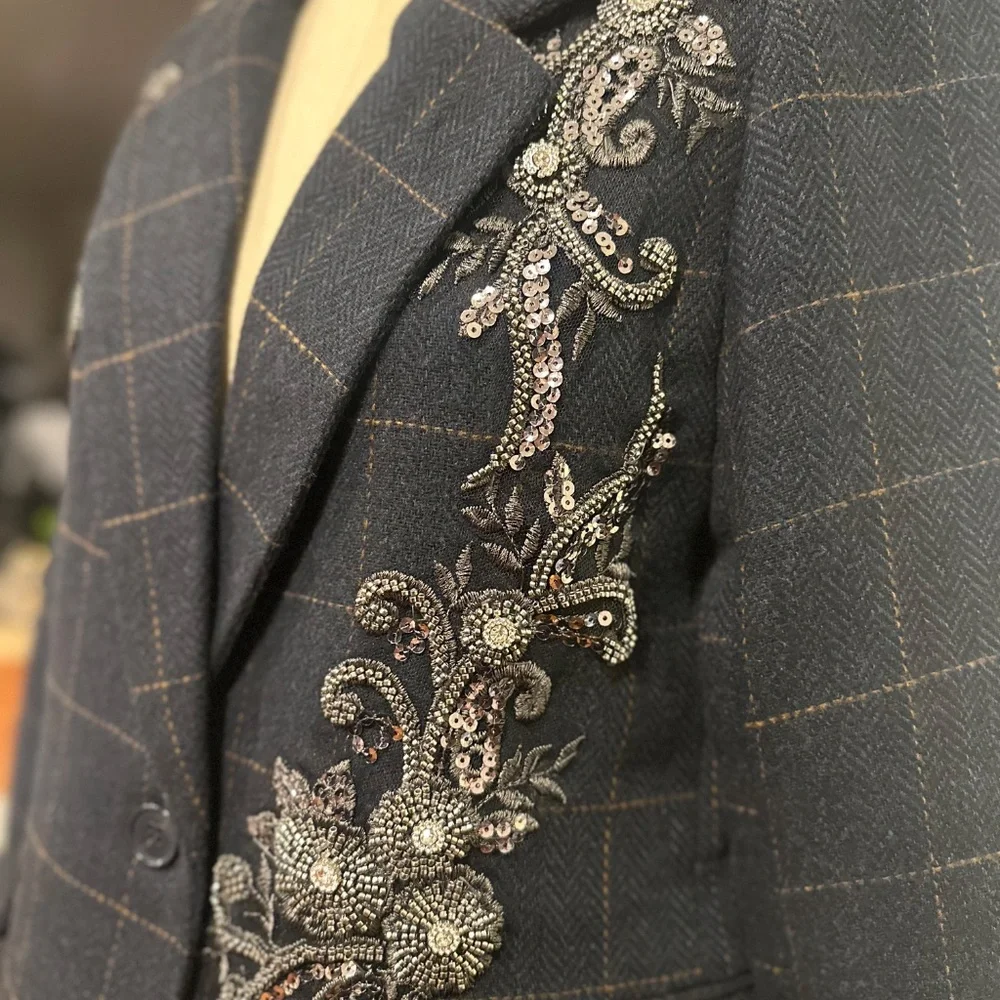 RACHEL ZOE Embellished Blazer Classic charcoal windowpane tailoring - Picture 4 of 6